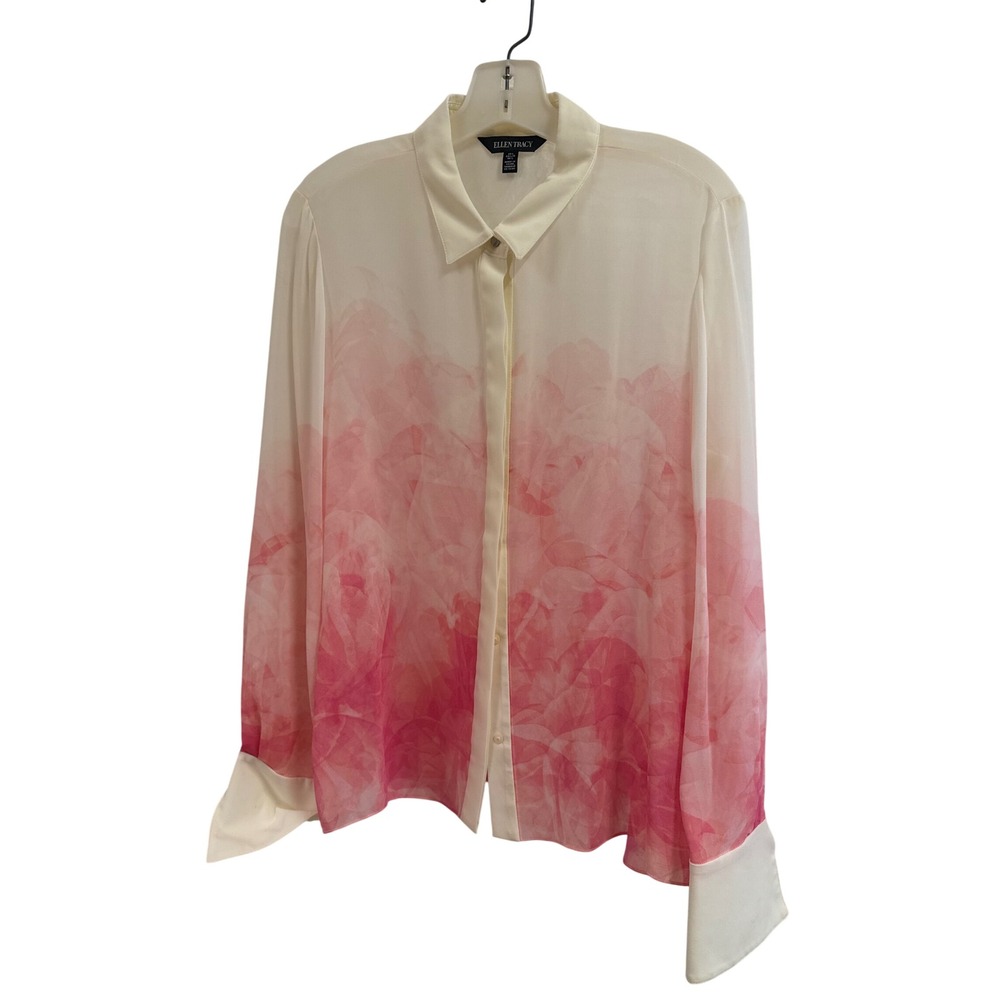 Ellen Tracy Pink Floral Watercolor Ombre Button Down Blouse Cream Cuffs Large